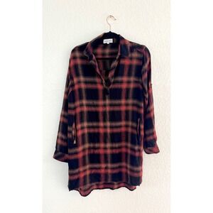 Bella Dahl Plaid Button Up Shirt Dress Tunic Black Red Tan Size Small